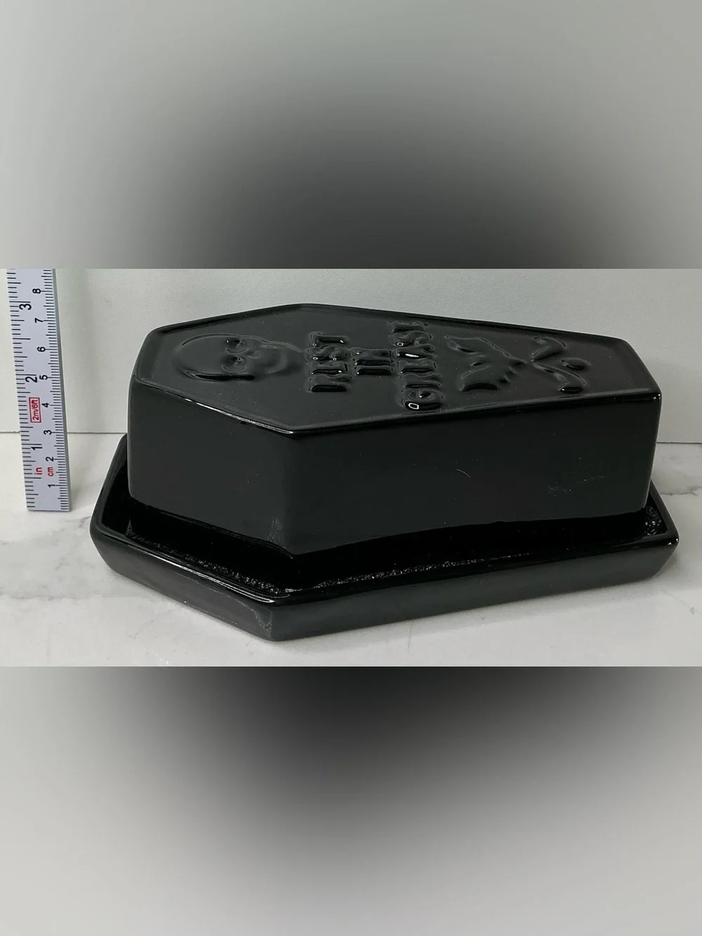 Black Coffin Butter Dish HERE LIES BUTTER - Cobwebs & Caldrons - Halloween New